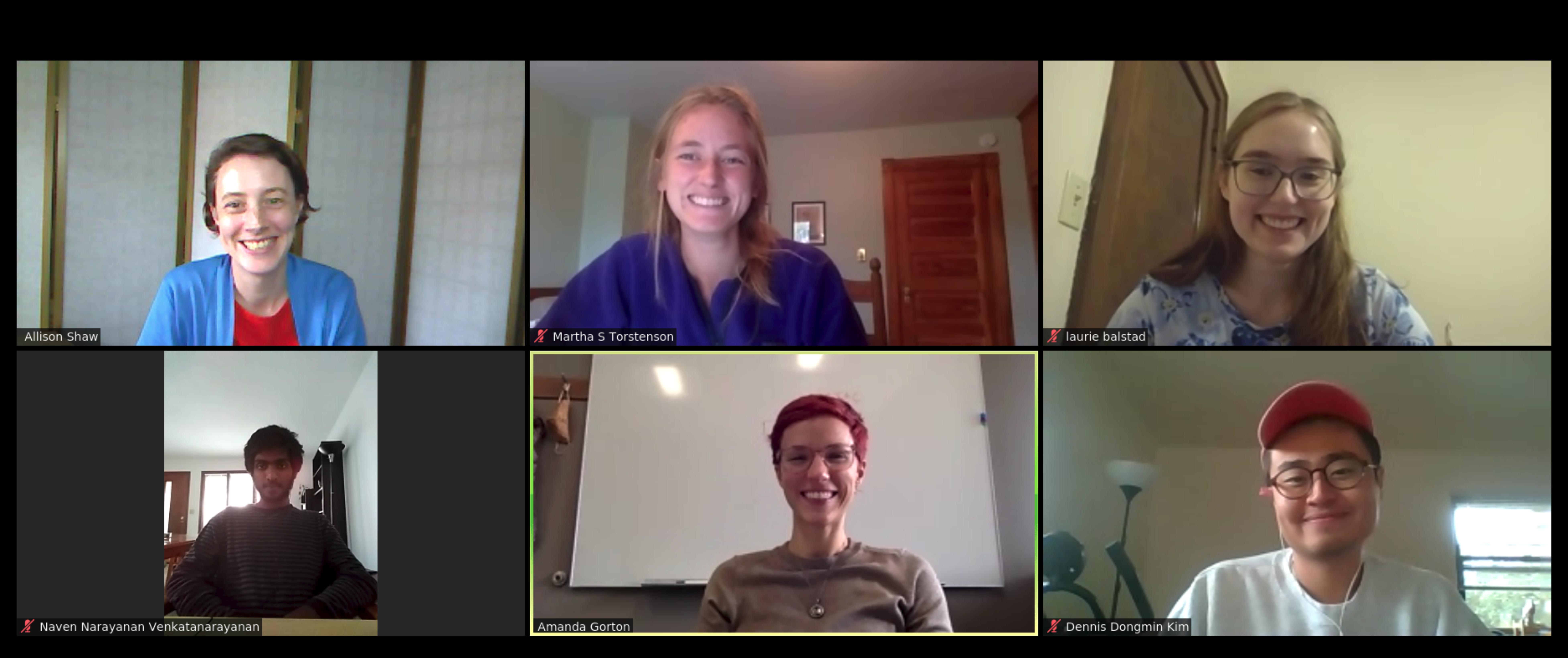Six people in separate boxes on a zoom call