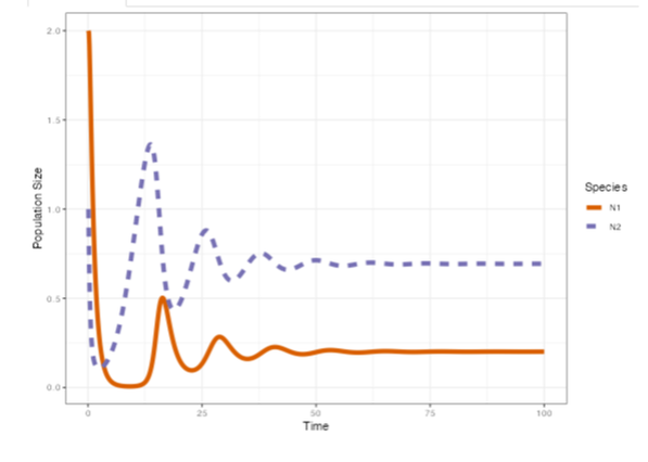 Graph showing population size over time with solid orange and dashed purple lines
        that fluctuate before reaching an equilibrium