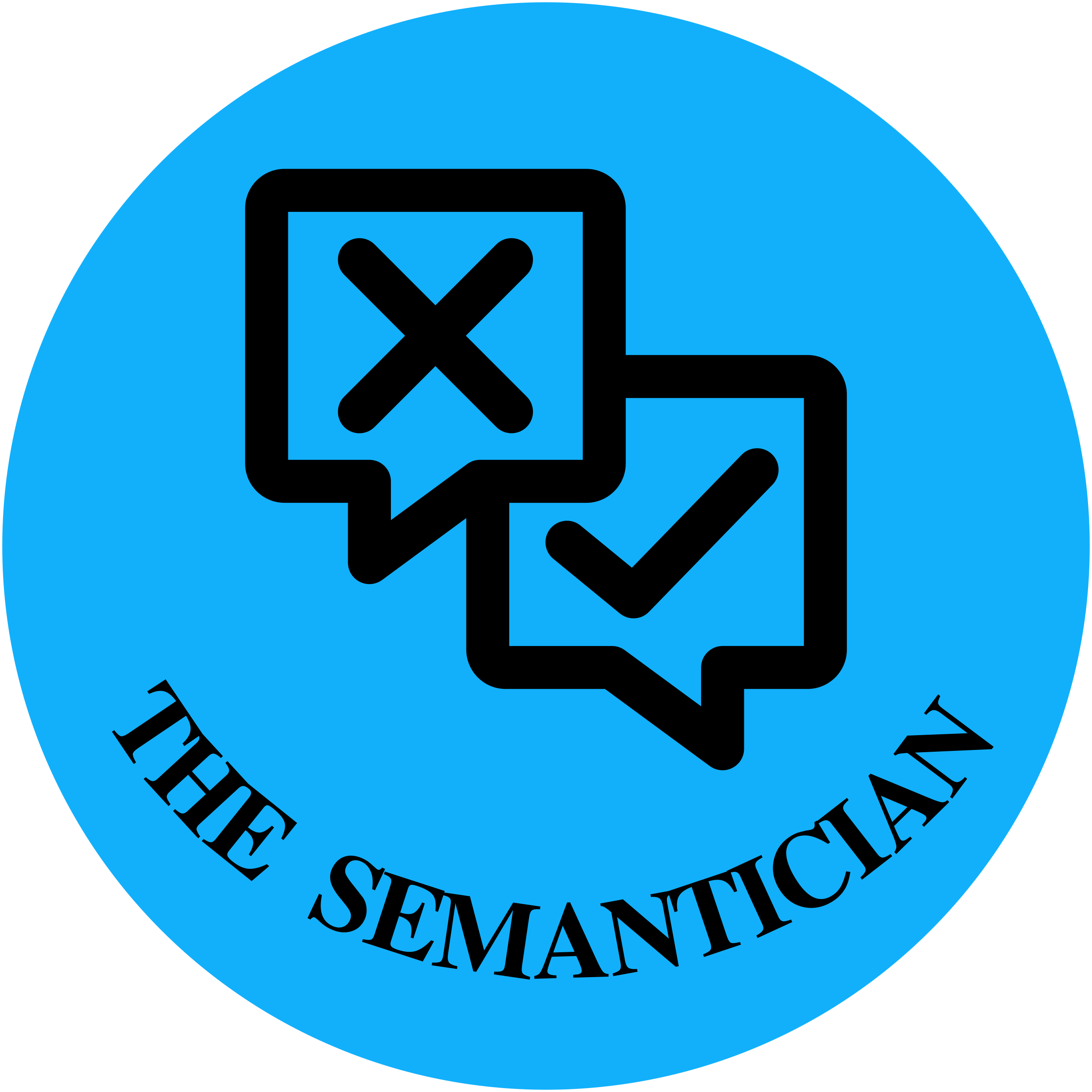 Blue circle with an icon showing a speech bubble with an X and a second bubble with a checkmark